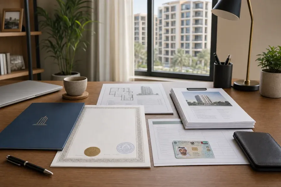 A neatly organised set of property documents and an Emirates ID laid out on a desk in a calm Dubai home office, with a generic mid-rise residential tower visible through the window.