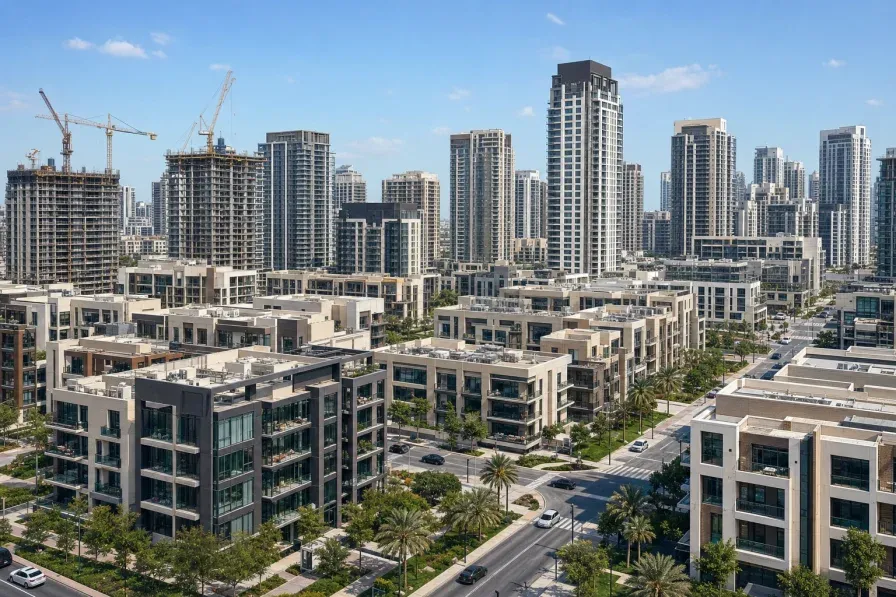 A wide view of a modern, dense Dubai residential district with mid-rise and high-rise apartment towers under a clear daytime sky, conveying a mix of off-plan and completed buildings without identifying a specific property
