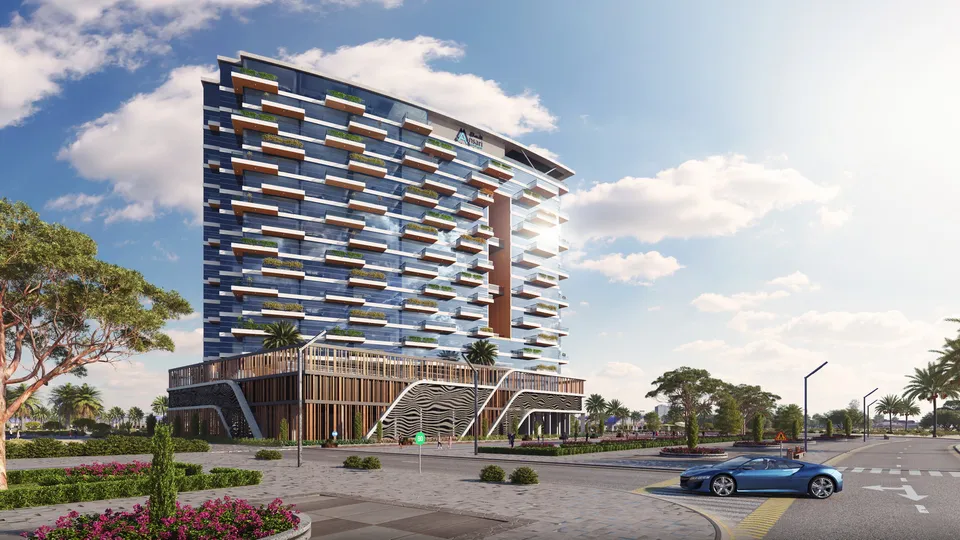 Ocean Tower exterior with staggered balconies and a landscaped podium on Dubai Islands by AAA Real Estate Development