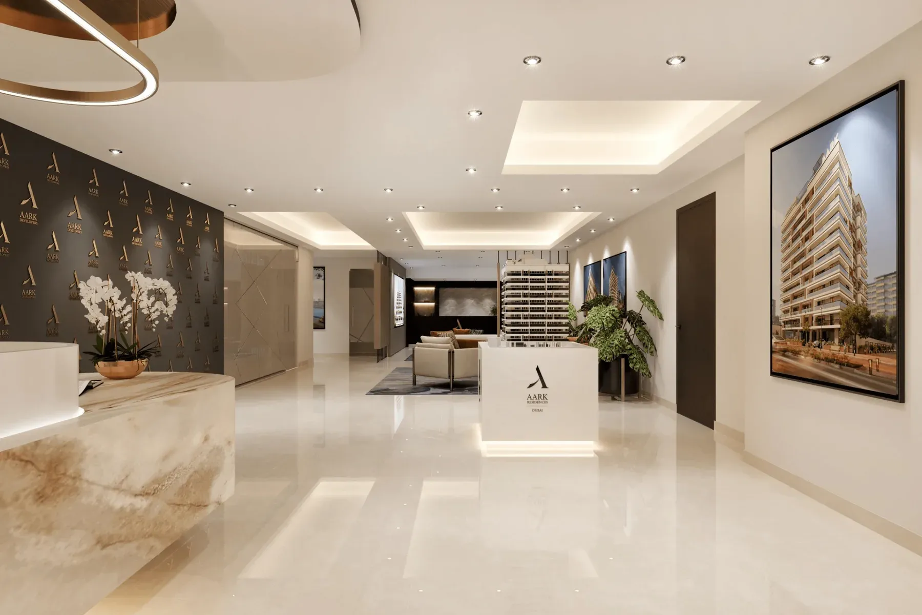 Aark Developers branded residential sales gallery and model display in Dubai