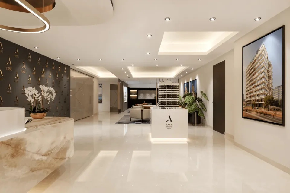 Aark Developers branded residential sales gallery and model display in Dubai