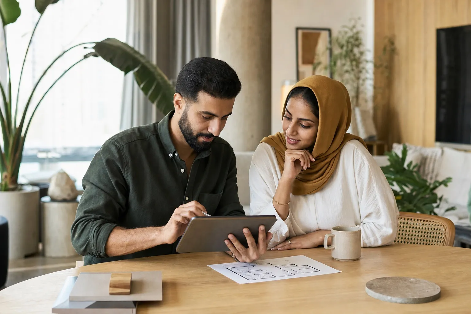 Two prospective buyers reviewing off-plan property information together
