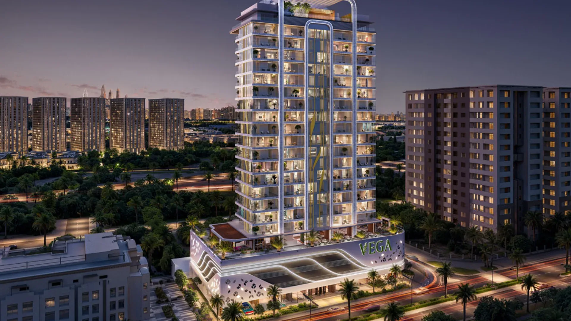 Evening exterior rendering of Vega by Acube Developments in Dubai Sports City