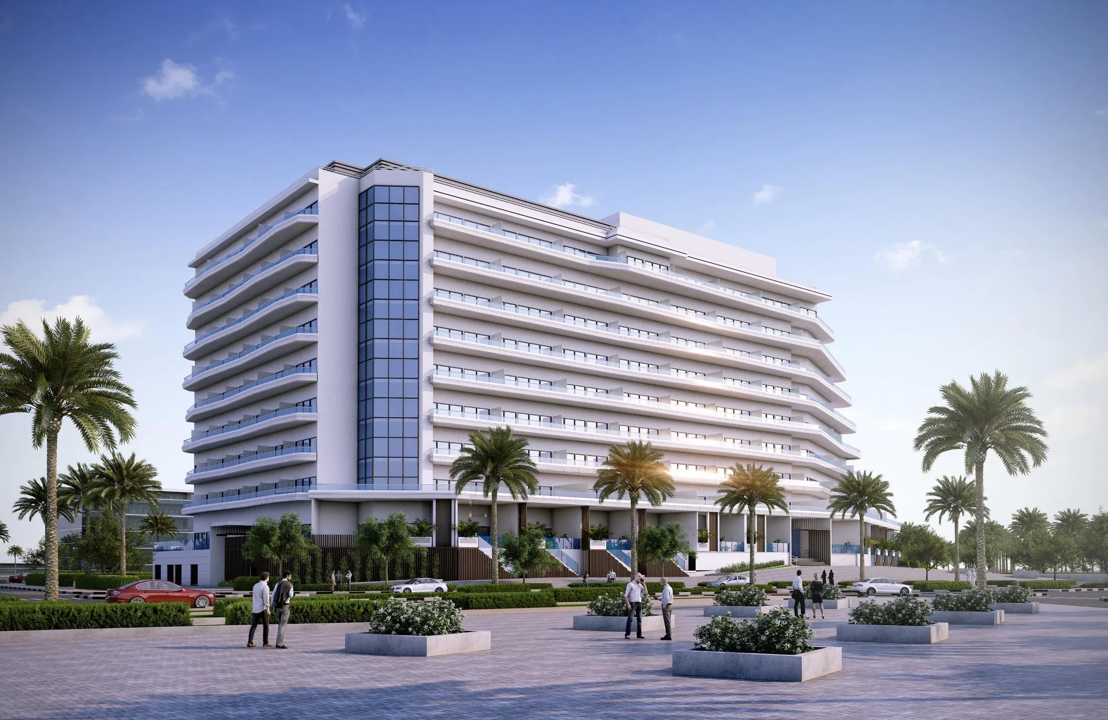 Waterfront-facing exterior rendering of Mayyas at The Bay by Advanced Properties Limited on Yas Island