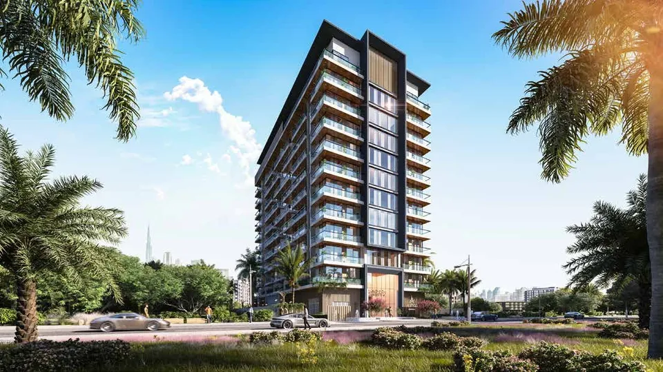 Street-level exterior of Aum 99 Residences in Dubai Land Residence Complex by AG Properties