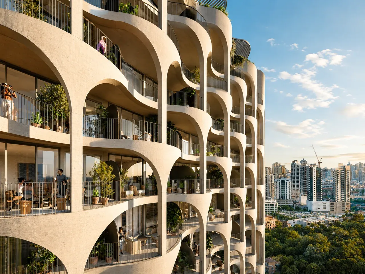 Curved residential façade by Al Ghurair Development overlooking Dubai