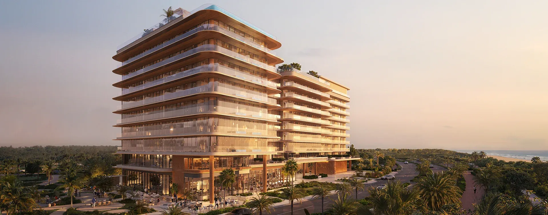 Exterior rendering of Soléva Beach Residences by Al Huzaifa Properties on Al Marjan Island