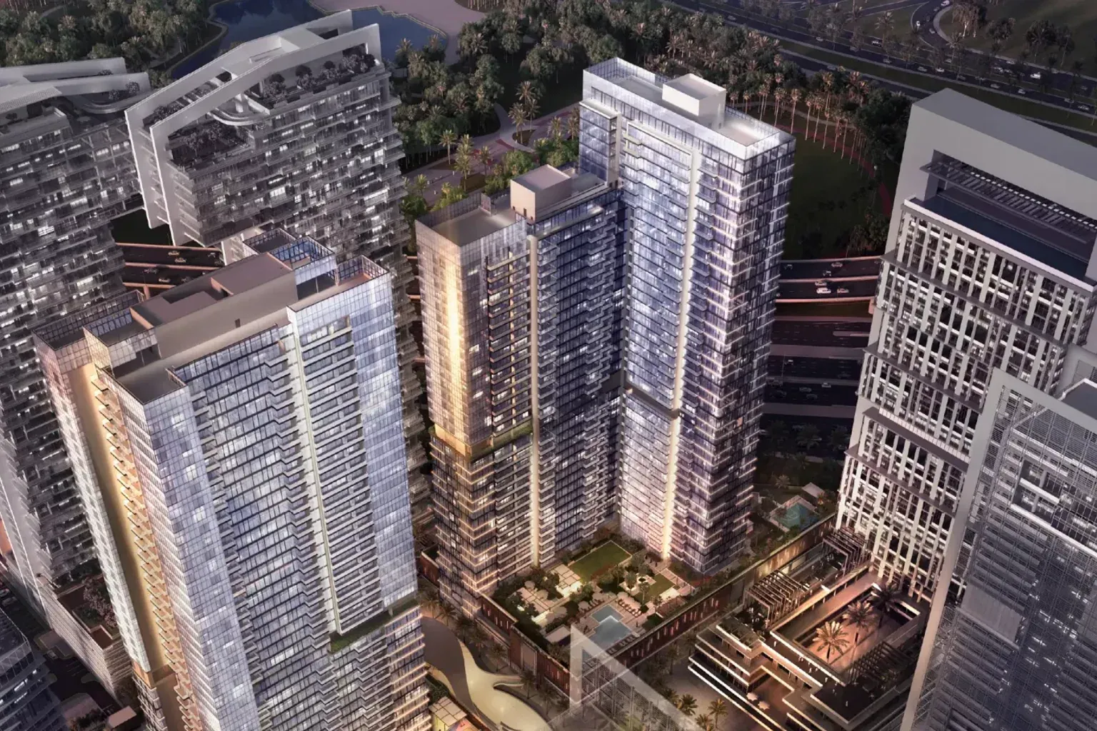 Aerial view of Al Kifaf's modern residential towers and central Dubai road connections