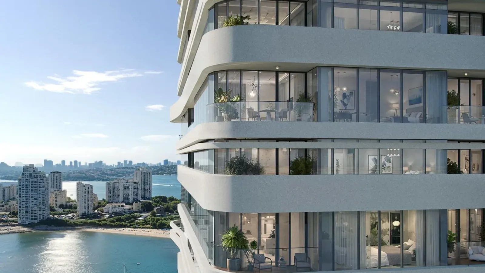 Curved waterfront residences and sea-facing balconies at Linar in Al Mamzar, Sharjah