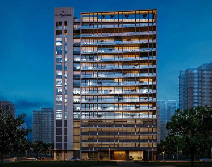 Night-time exterior rendering of Norah Residence by Al Tareq Star in Jumeirah Village Circle