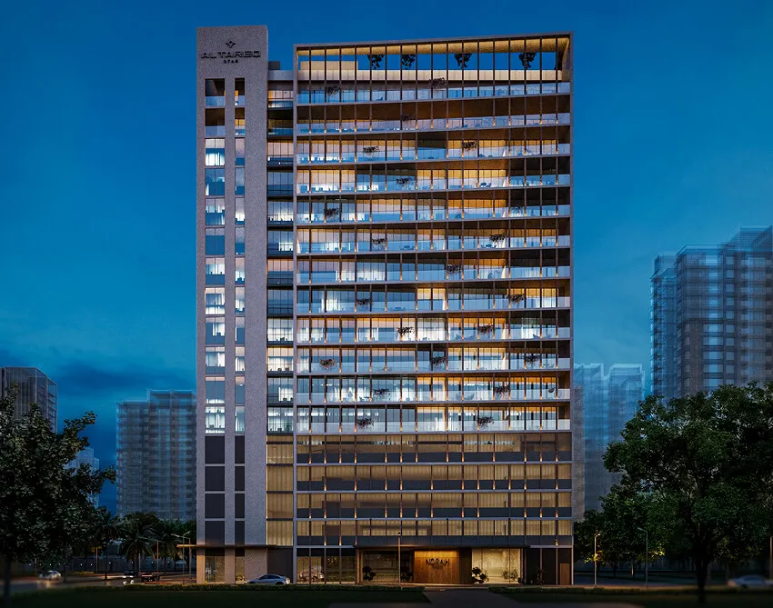 Night-time exterior rendering of Norah Residence by Al Tareq Star in Jumeirah Village Circle