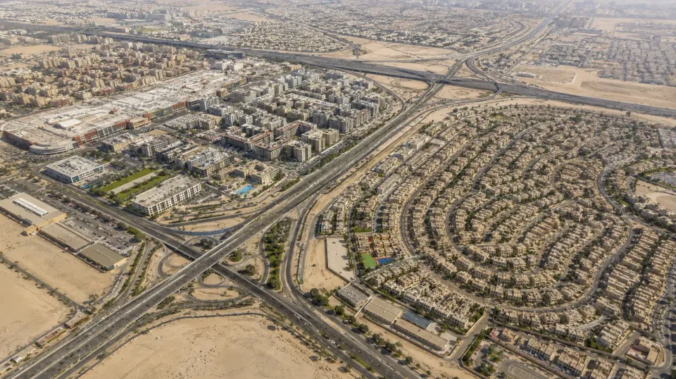 Aerial view of Al Warsan First and International City, Dubai