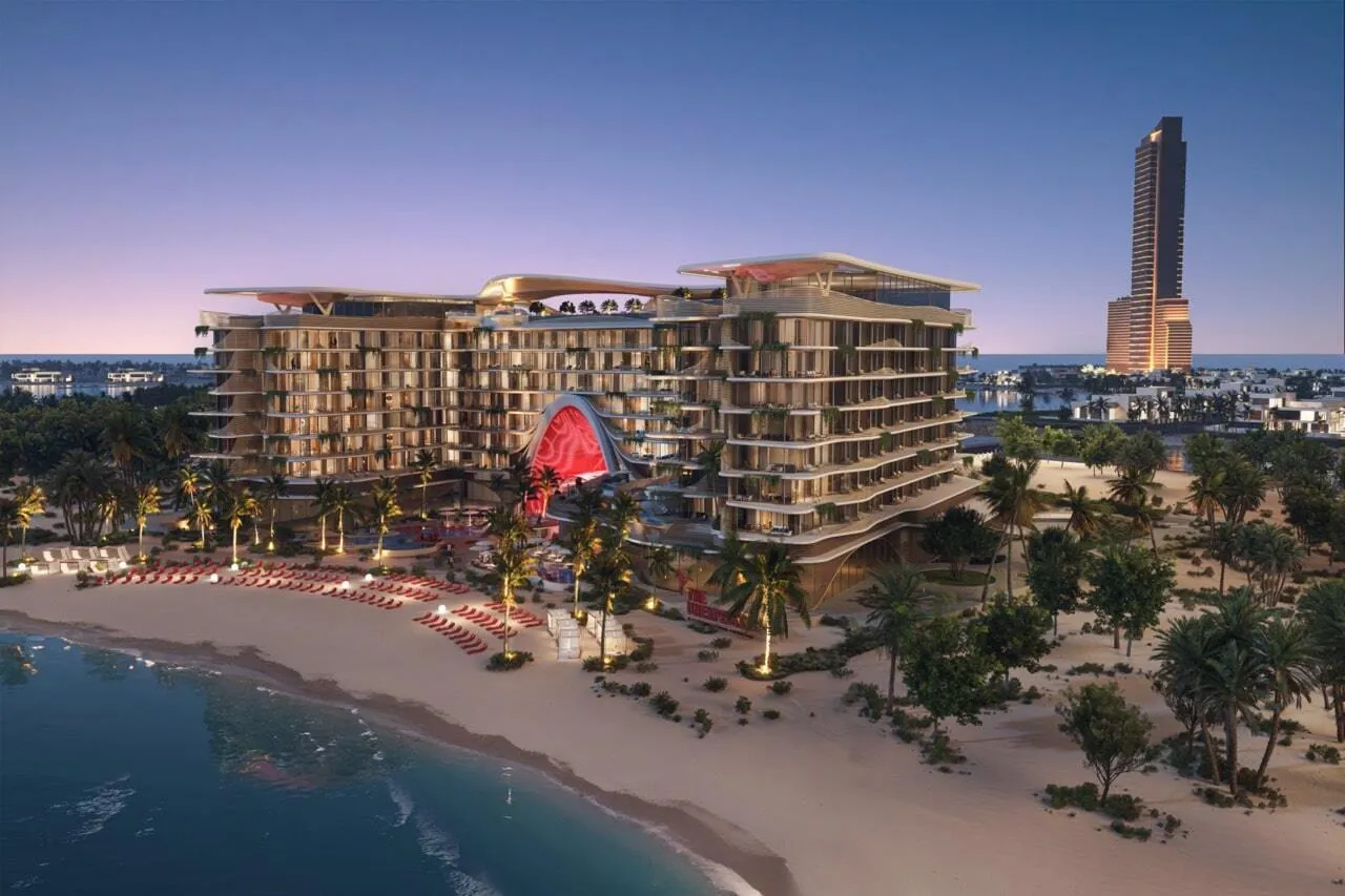 Dusk rendering of The Unexpected Al Marjan Island Hotel and Residences on the Ras Al Khaimah waterfront