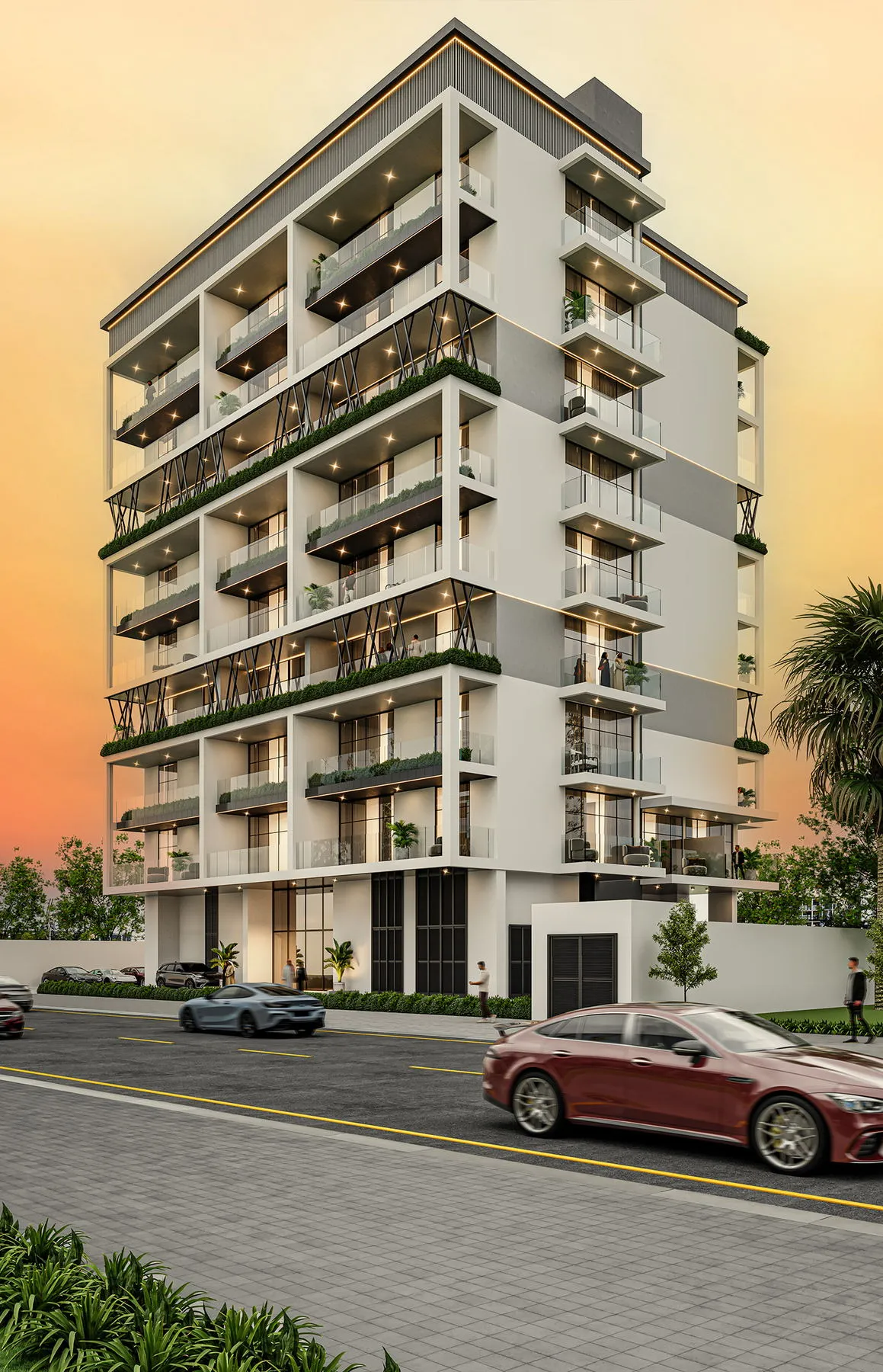 Street view of Arib Collection showing its residential facade, balconies and landscaped frontage by ARIB Developments