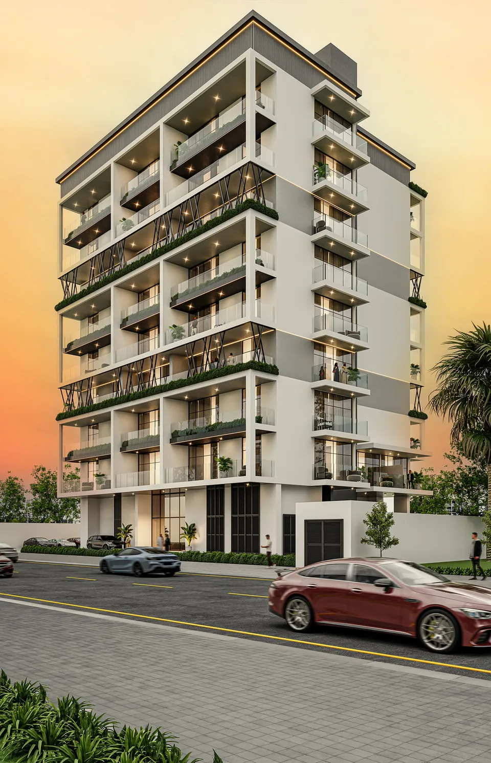 Street view of Arib Collection showing its residential facade, balconies and landscaped frontage by ARIB Developments