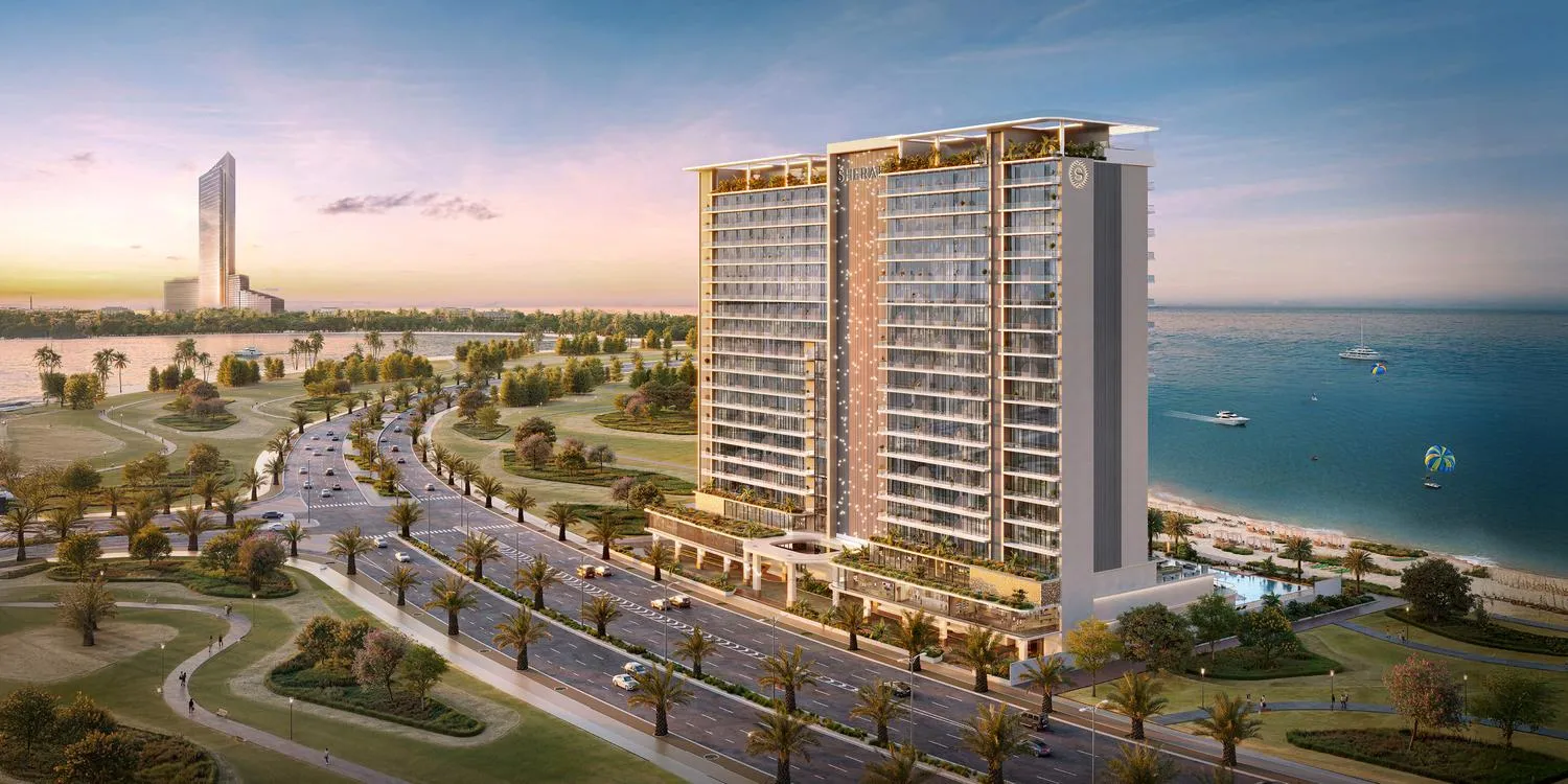 Aerial rendering of The Residences at Sheraton Al Marjan Island Resort on the Ras Al Khaimah waterfront