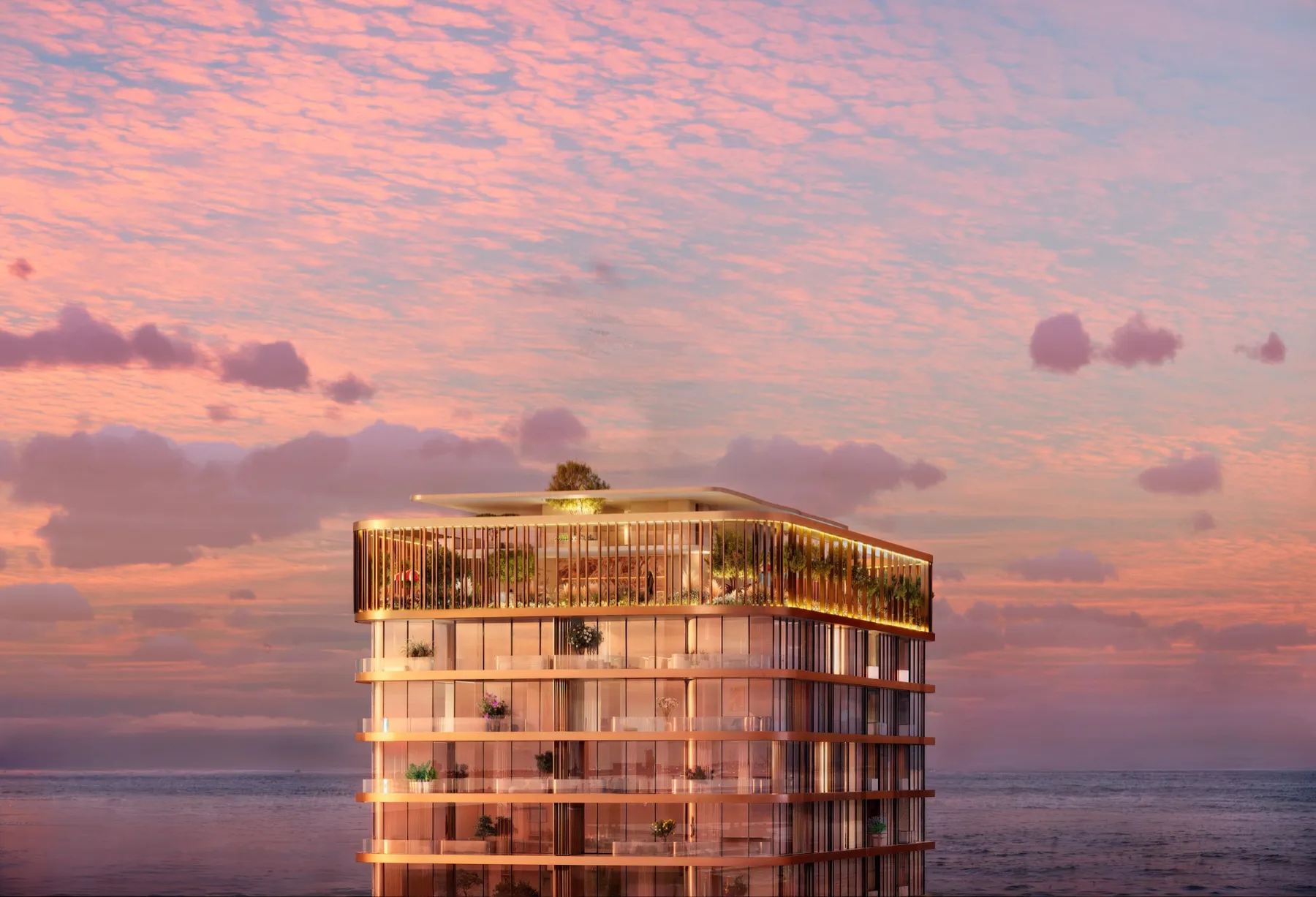 ISLA Private Residences by Chaimaa Properties on Dubai Islands at sunset