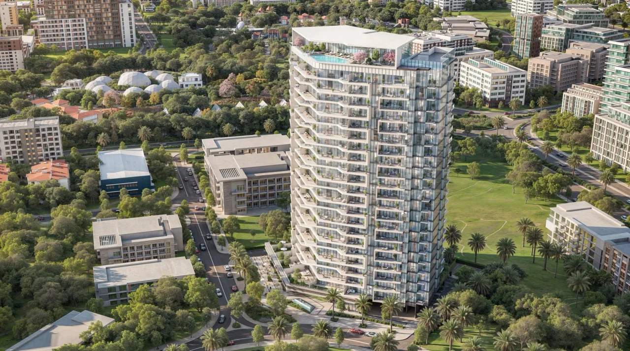 Aerial rendering of Arthouse Hills Arjan and its landscaped podium in Dubai