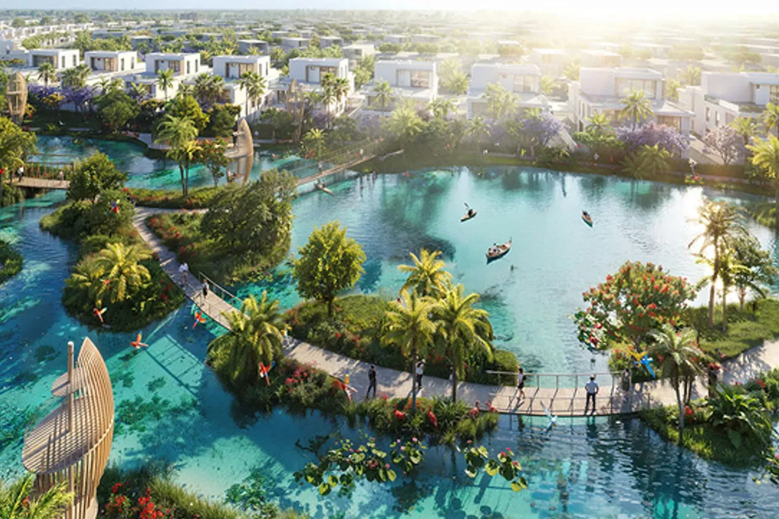 Aerial rendering of lagoons, tropical landscaping and waterfront homes at DAMAC Islands 2