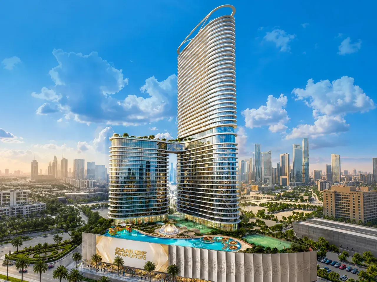 Rendering of a curving Danube Properties tower and podium against the Dubai skyline