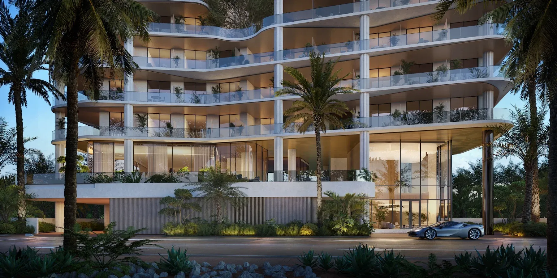 Evening arrival facade of Wyndham Residences Al Marjan Island by Divine One Group
