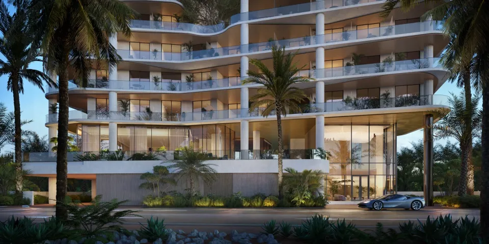 Evening arrival facade of Wyndham Residences Al Marjan Island by Divine One Group