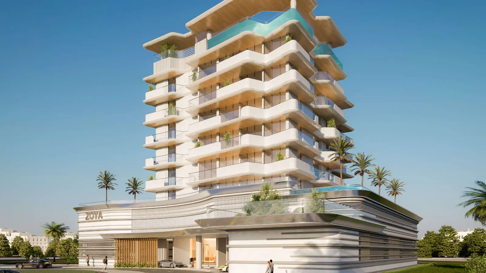 Contemporary residential building with curved balconies in Dubai Industrial City