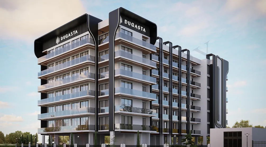 Al Haseen Residences 3 exterior with curved black rooftop frames and balconies in Dubai Industrial City by Dugasta Properties
