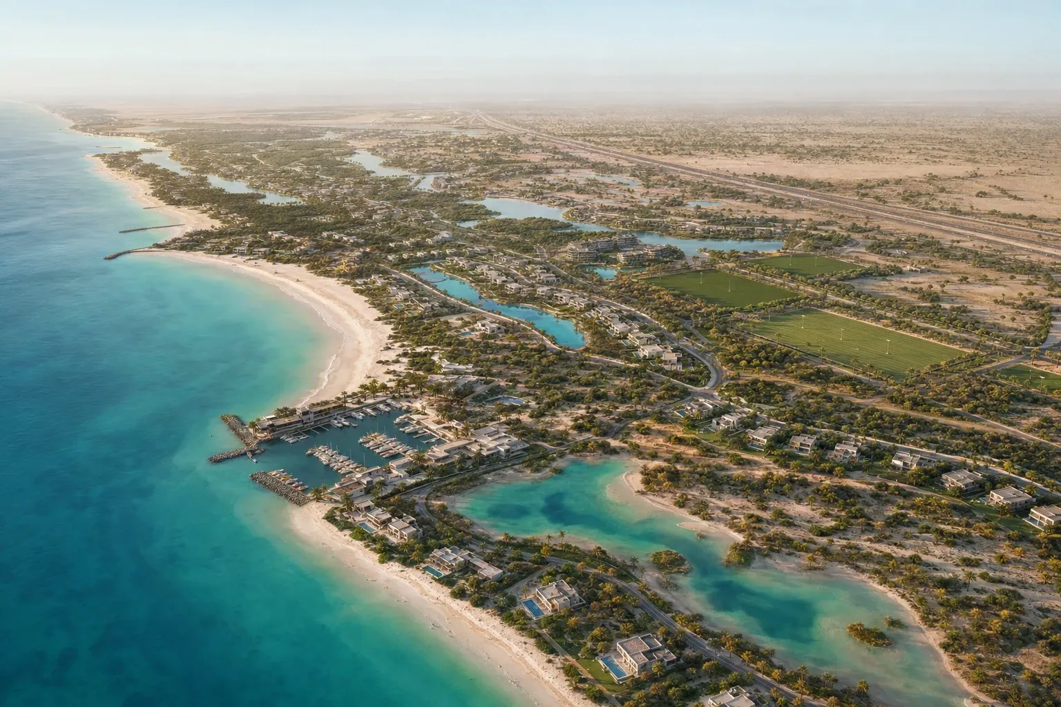 Illustrative aerial overview of Ghantoot's coastline, lagoons, marina and low-density communities