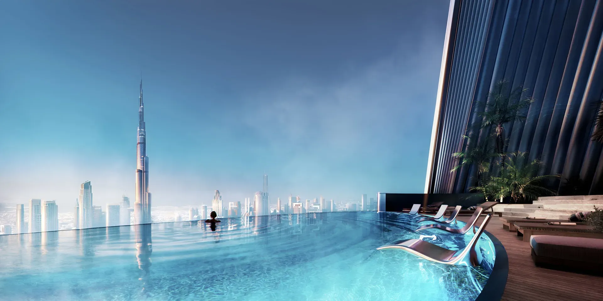 Infinity pool with a view of the Burj Khalifa and the Downtown Dubai skyline