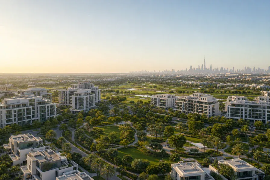 Aerial view of a green Dubai master community with contemporary apartments, villas, parkland and golf course.