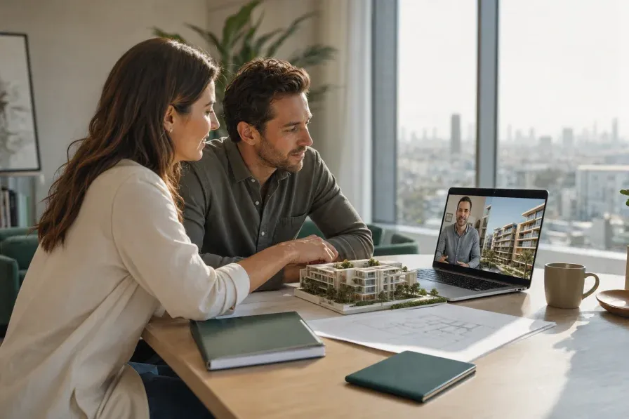 Overseas buyers reviewing a Dubai off-plan home and its floor plans during a remote consultation.