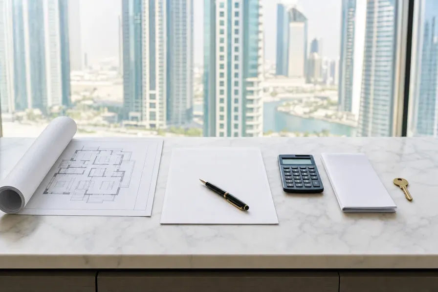 A sequential flat arrangement on a marble surface showing a floor plan, signed document with fountain pen, calculator with payment schedule, and a brass door key, representing the step-by-step process of evaluating service charges before signing an off-plan property contract in Dubai.