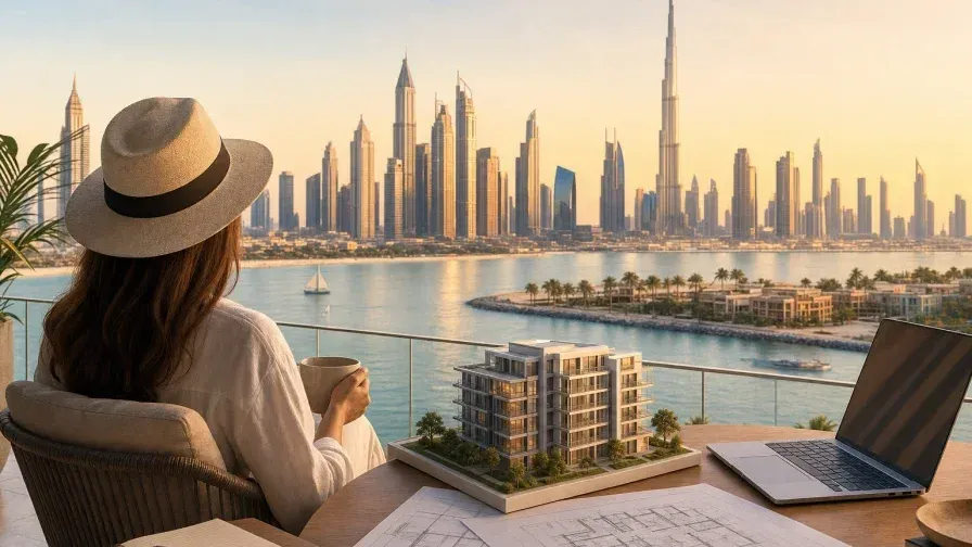 An illustration of buying off-plan property in Dubai from abroad, with the Dubai skyline and waterfront at golden hour.