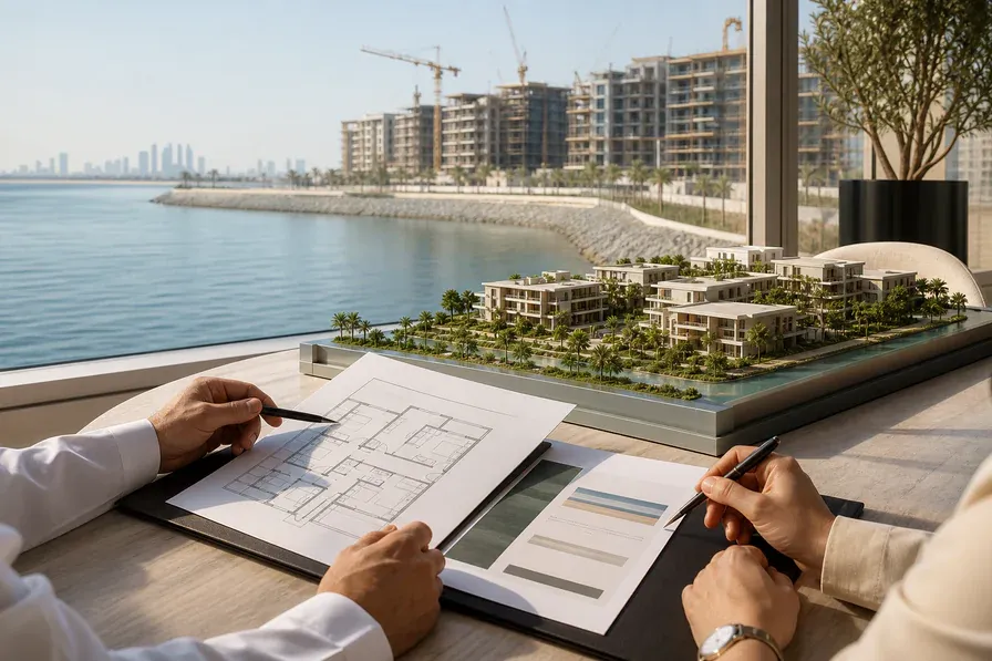 Buyer and finance adviser reviewing an Abu Dhabi off-plan waterfront development during construction.