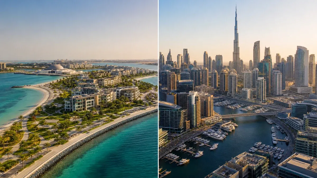 Split aerial comparison of Abu Dhabi waterfront communities and the Dubai skyline.