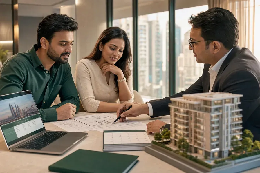 Indian buyers reviewing a Dubai property purchase, payment plan and international funding with a financial adviser.