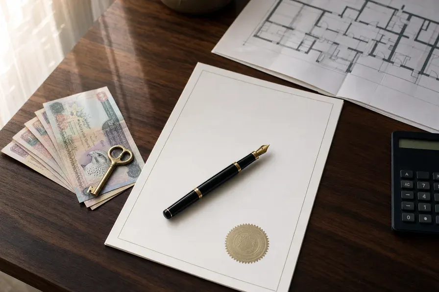 Overhead view of a dark walnut desk with an official property registration document, fountain pen, UAE dirham banknotes, brass key, calculator, and folded floor plan under warm natural light.