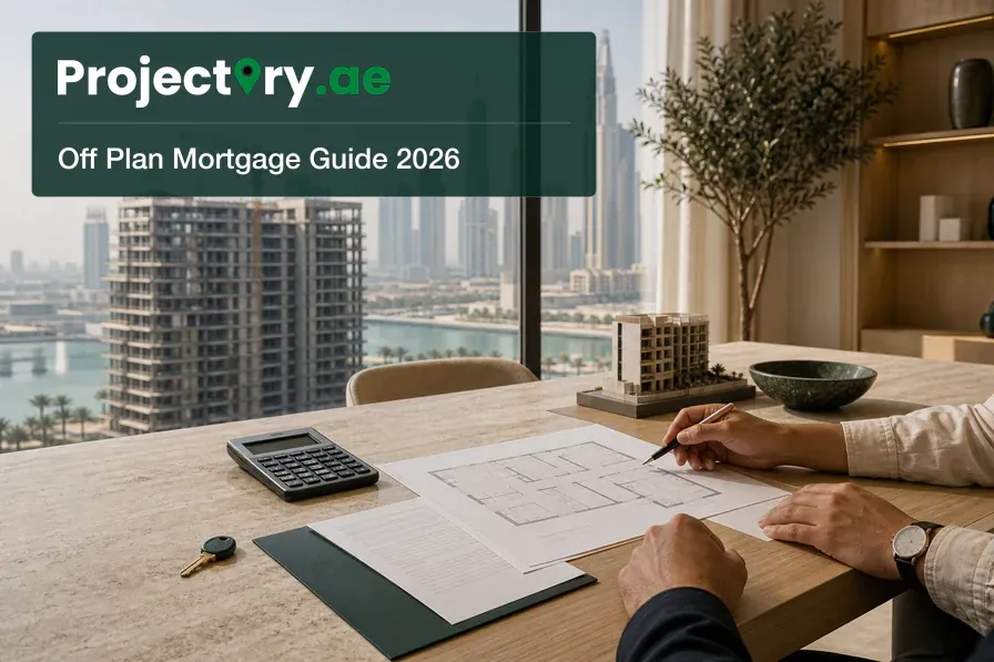 Buyer and mortgage adviser reviewing a Dubai off-plan apartment purchase with a residential tower under construction.