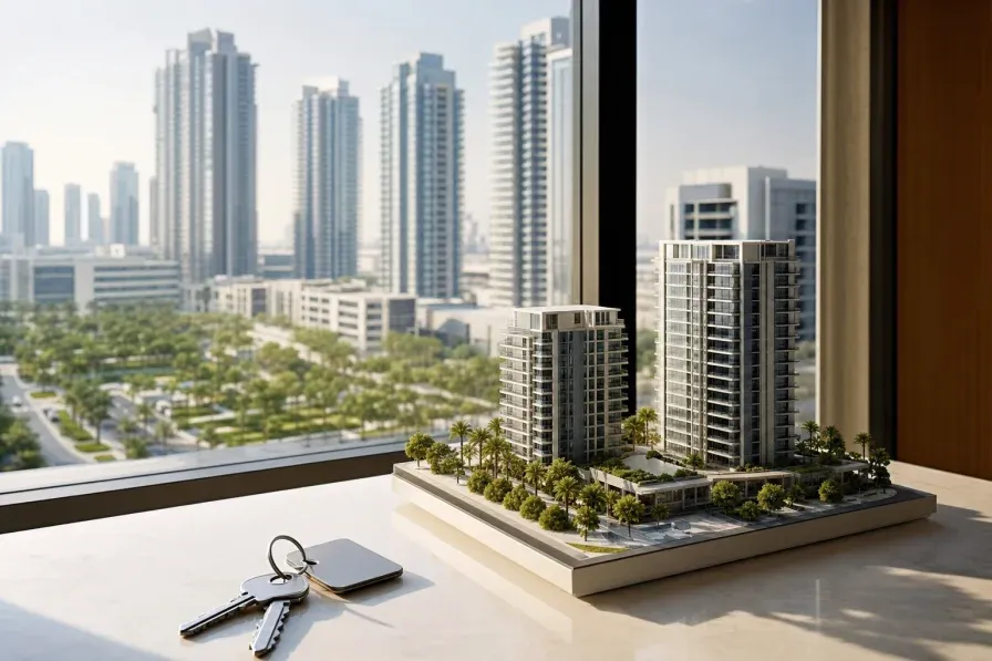 Overhead view of a dark walnut desk with an official property registration document, fountain pen, UAE dirham banknotes, brass key, calculator, and folded floor plan under warm natural light.
