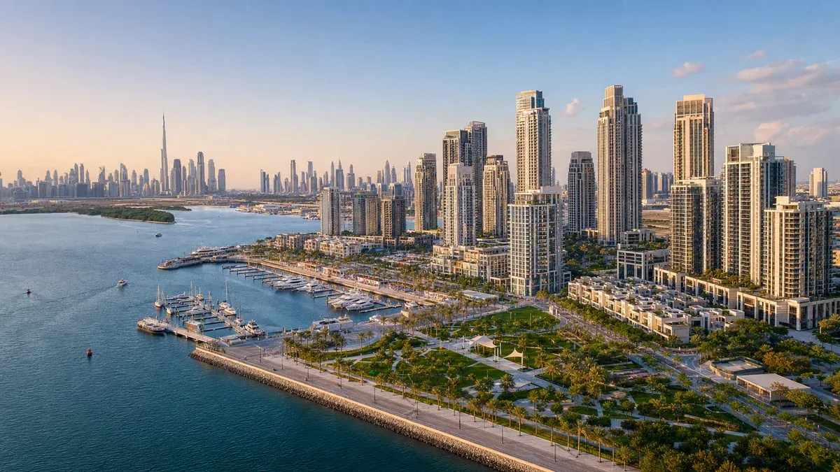 Aerial view of Dubai Creek Harbour, its marina, waterfront parks and the Downtown Dubai skyline.