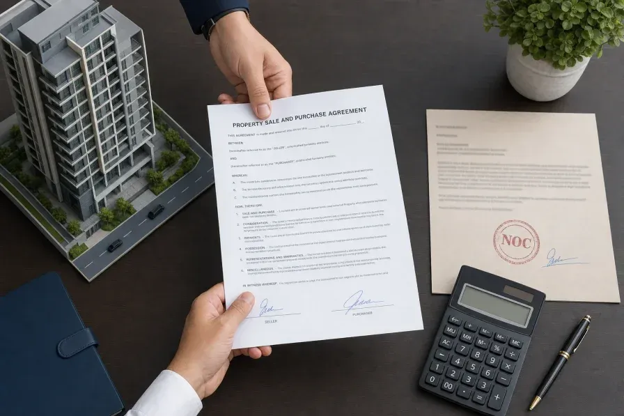 Overhead flat-lay of a dark wood desk showing a property sale and purchase agreement being passed between two hands, alongside a small residential tower model, a calculator and a stamped NOC-style document, in a clean editorial workspace composition.
