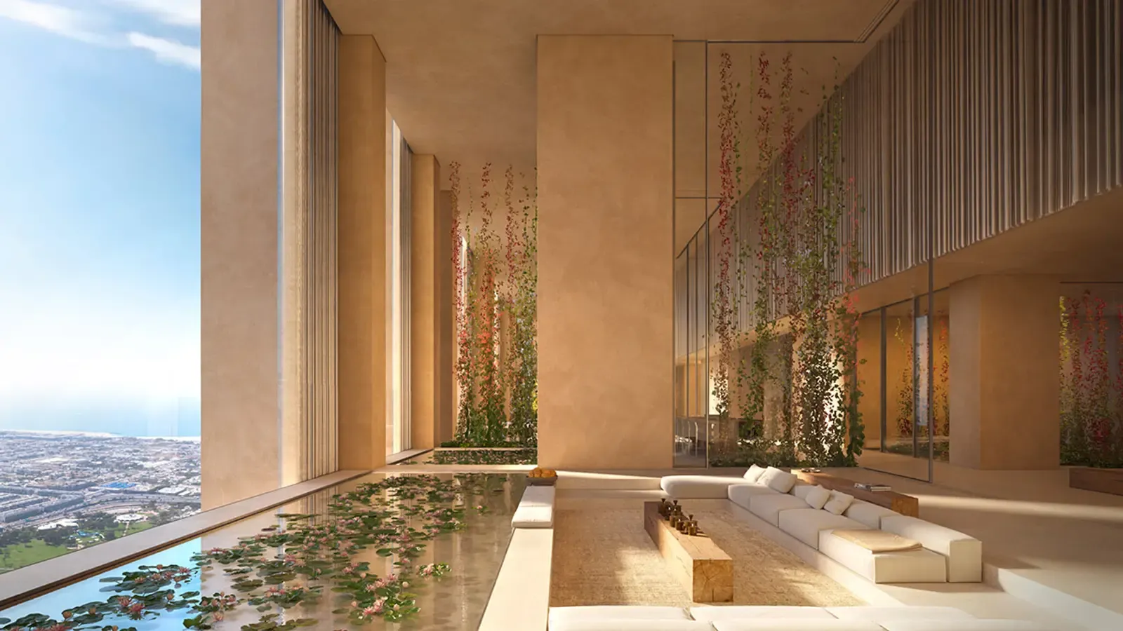 Muraba Veil sky garden with planted reflecting pool and lounge