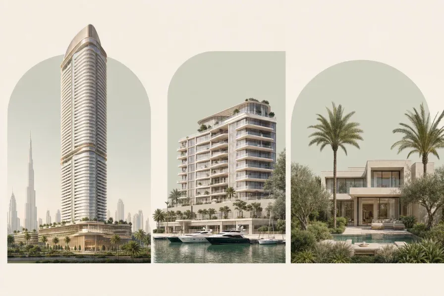 A branded residential tower, a waterfront apartment building and a low-rise villa, the three main forms of luxury off-plan property in Dubai