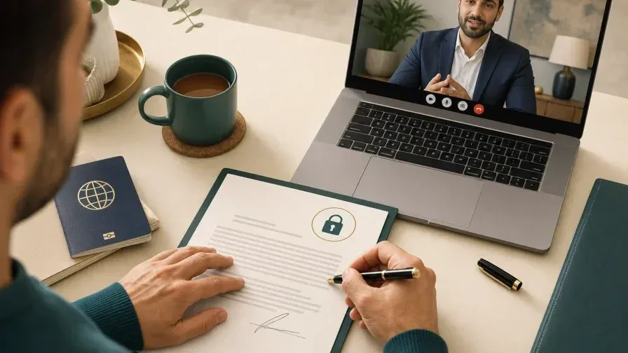 An illustration of buying Dubai off-plan property remotely: a buyer’s hands signing a power-of-attorney document beside a passport and a laptop video call to a representative, with a padlock suggesting funds held safely in escrow.