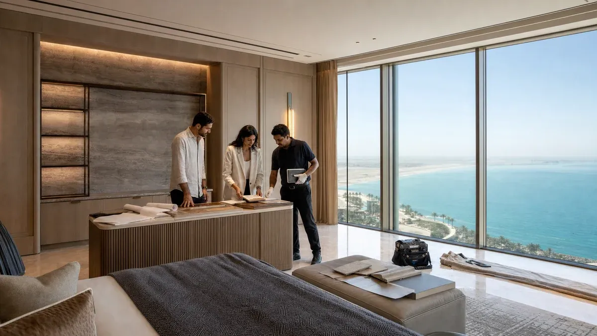 A fit-out team reviews finishes inside a high-floor oceanfront suite at a luxury Ras Al Khaimah resort.