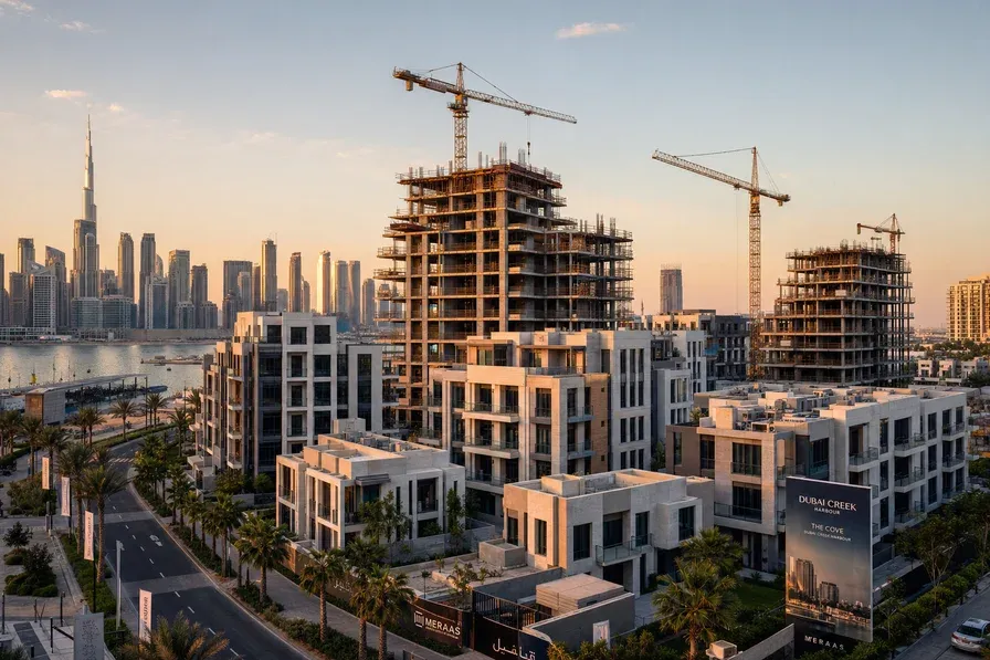 A wide-angle architectural photograph of a Dubai residential cluster at golden hour, showing a mix of low-rise and mid-rise off-plan apartment towers under construction in the foreground and completed