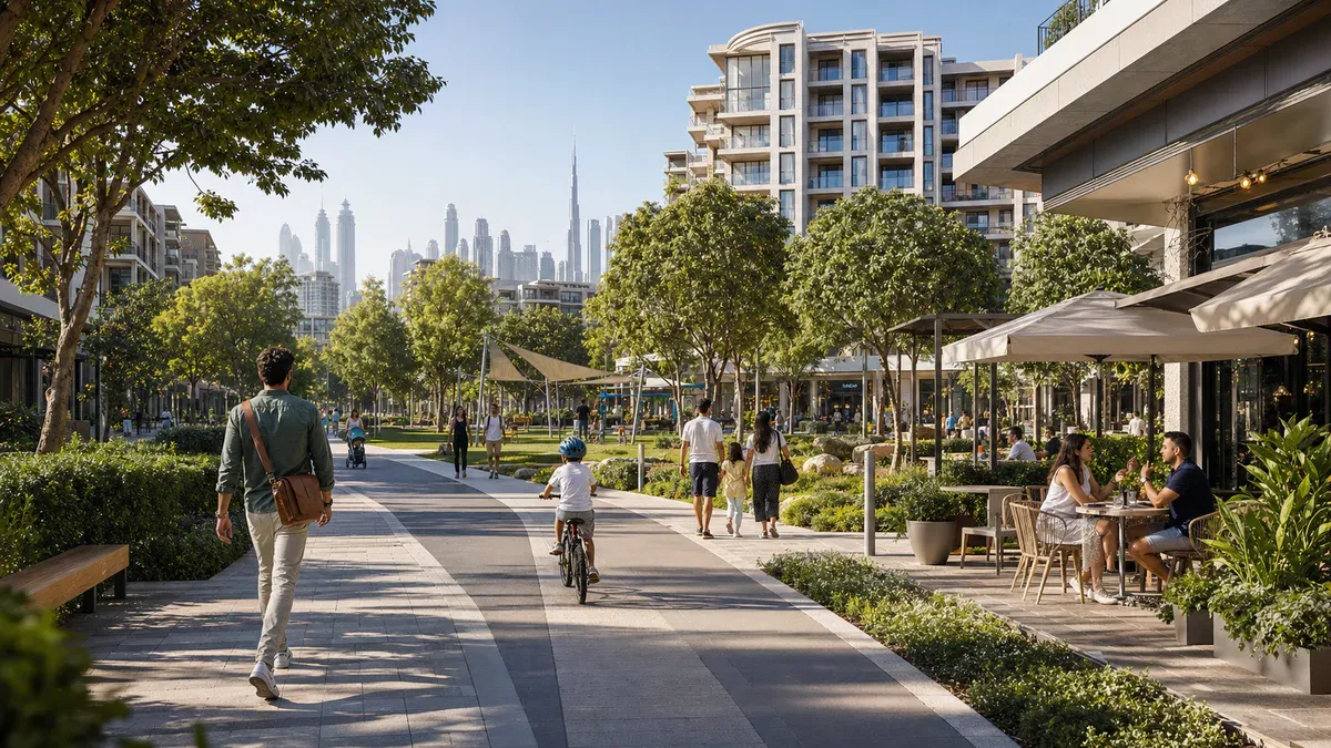A green Dubai master community with homes, shops, cafes, parks and everyday residents.