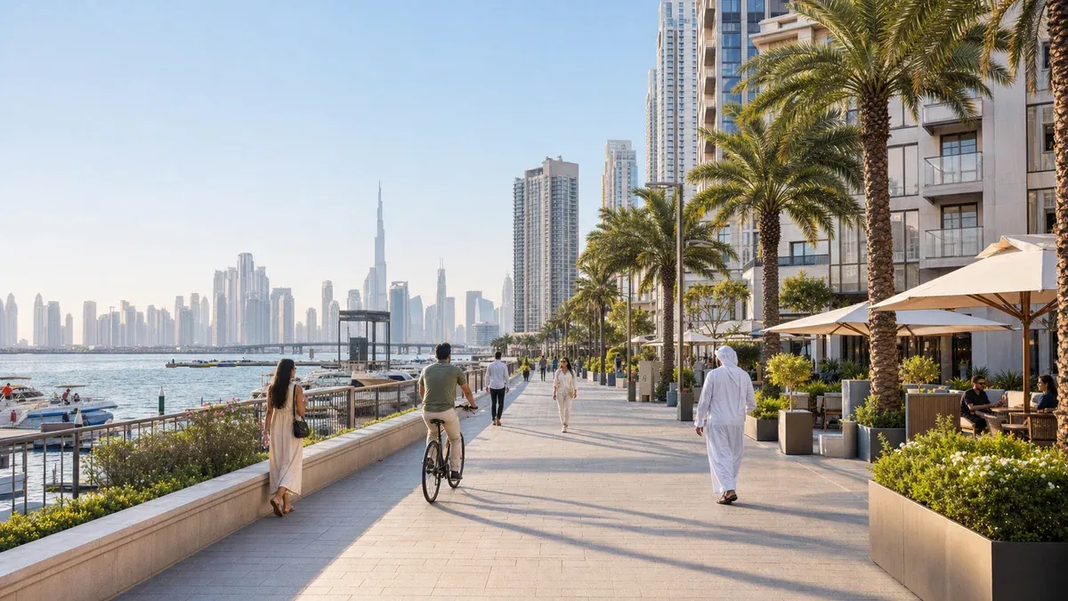 A relaxed morning on the Dubai Creek Harbour promenade, with residents walking beside the marina and the Downtown skyline across the water.