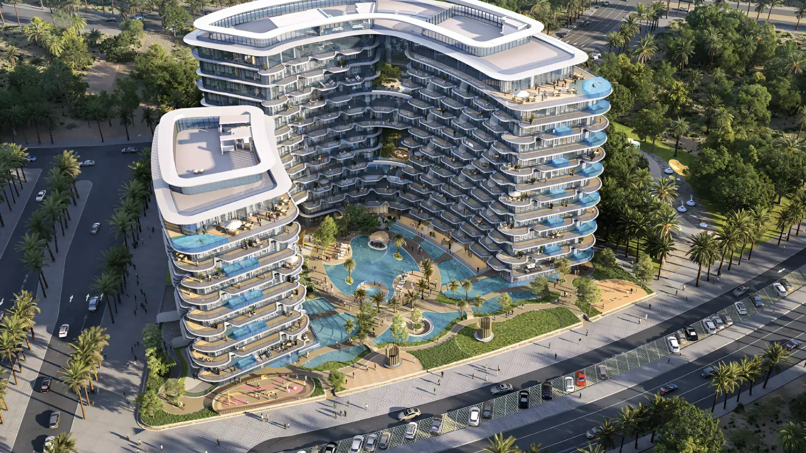 Taj Wellington Mews by BNW Developments on Al Marjan Island, with curved waterfront buildings arranged around landscaped pools.